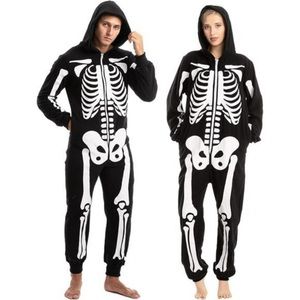 Halloween Costume One Piece Black White Skeleton Bones Skull Plush Pajama Hooded